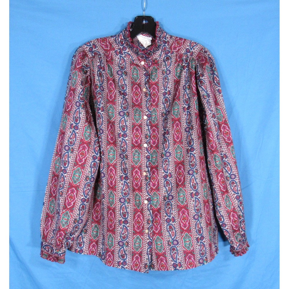VTG DONNKENNY Maroon/Multi SATIN Button-Up SMOCKED COLLAR/CUFF Blouse/Top Sz 38